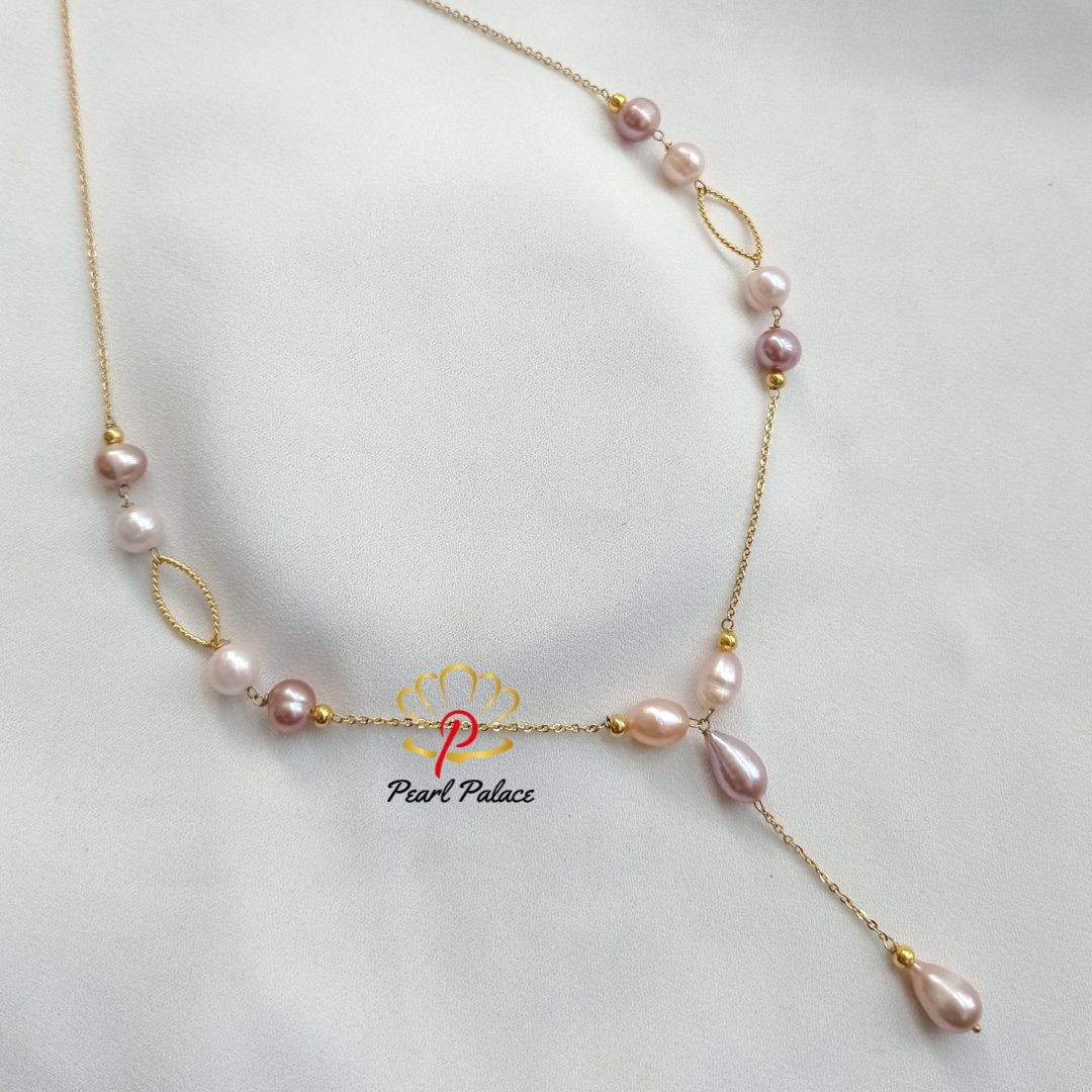 Gold Plated Chain Necklace with Light Pink and White Freshwater Pearls and Gold Accents