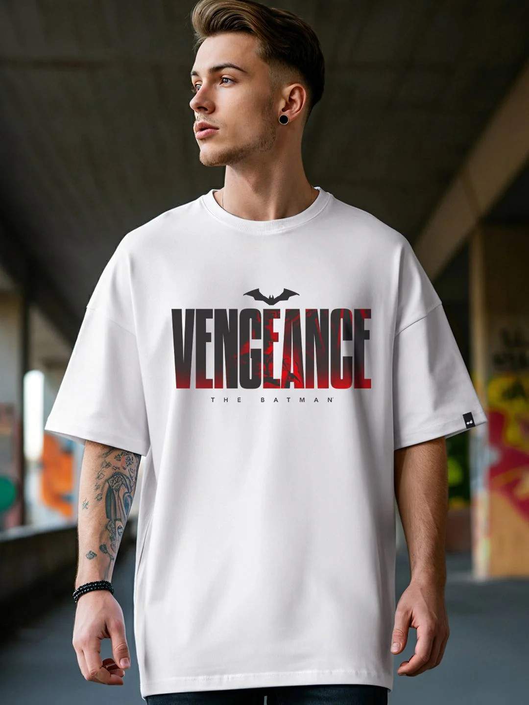Drop Shoulder Print T-Shirt - Batman - White