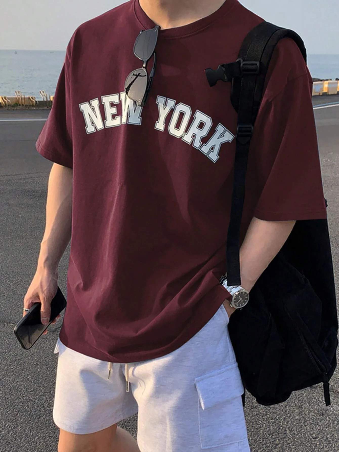 Drop Shoulder Print T-Shirt - New York - Maroon
