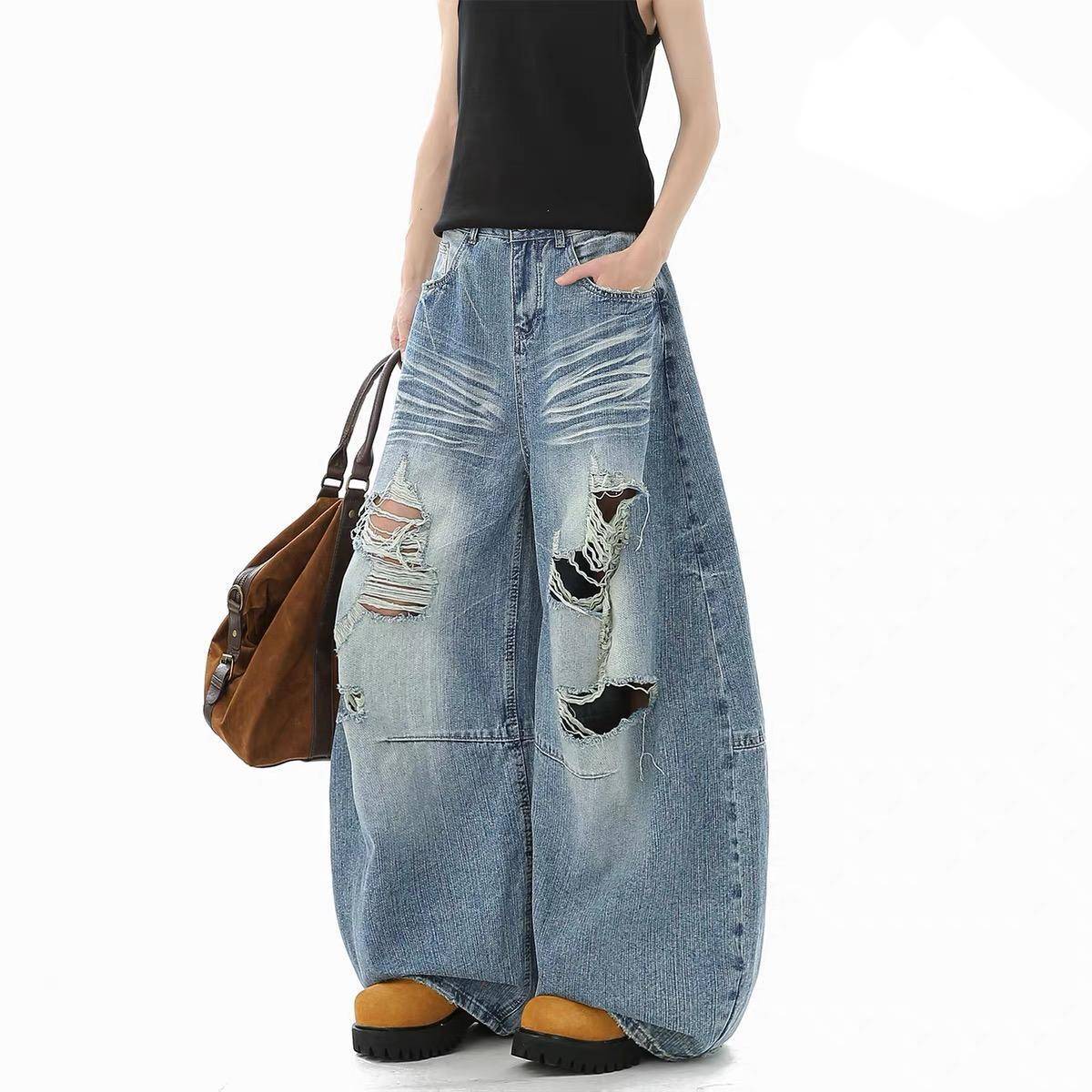 American-Style Ripped Jeans for Men, Summer New High-Street Style, Whiskered Wide-Leg Pants, Trendy Vibe Design Pants