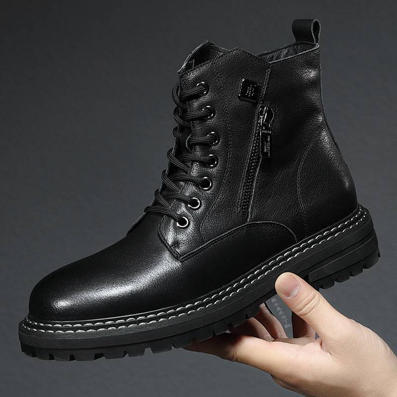 Martin Boots Men's Genuine Leather Boots First Layer Cowhide Winter Fleece-Lined Men's High-Top Cotton Shoes British Style Men's Work Boots