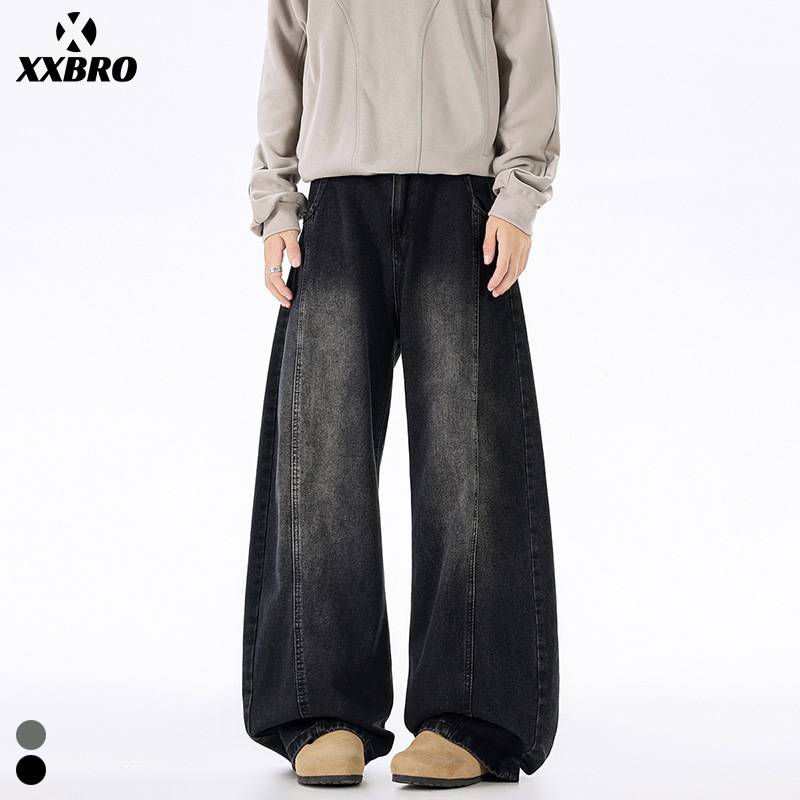 Muxi Clothing Autumn/Winter Street Style Japanese Retro Distressed Trendy Brand Wide-Leg Patchwork Versatile Straight-Leg Jeans for Men