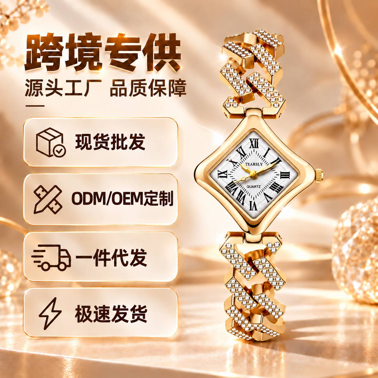 Cross-border hot-selling diamond-shaped women's watch, new diamond-encrusted Cuban chain quartz watch, fashionable women's watch, wholesale customization