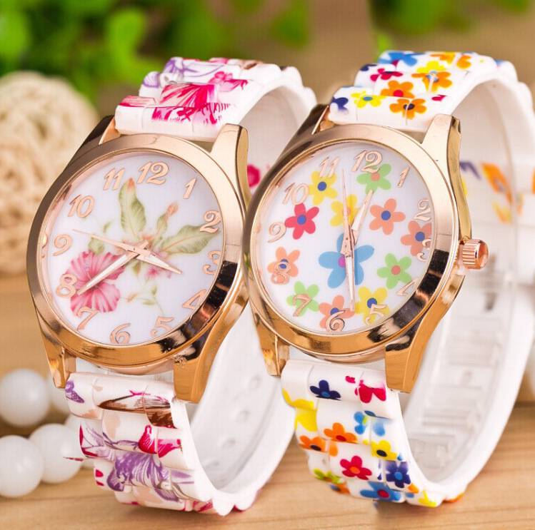 Foreign Trade Classic Fashion Geneva Printed Watch Fashion Flower Silicone Watch Ladies Quartz Watch Wholesale