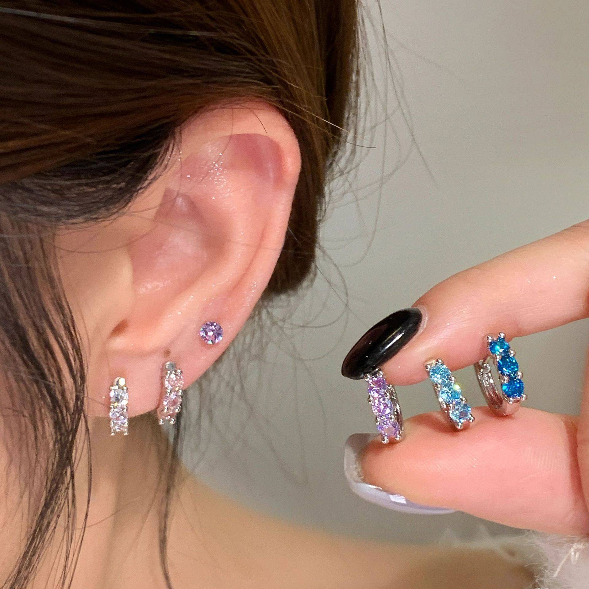 Eco-Friendly Copper Earrings with Diamonds and Three Zirconia Stones, 8mm Inner Diameter, Unique Design for Women