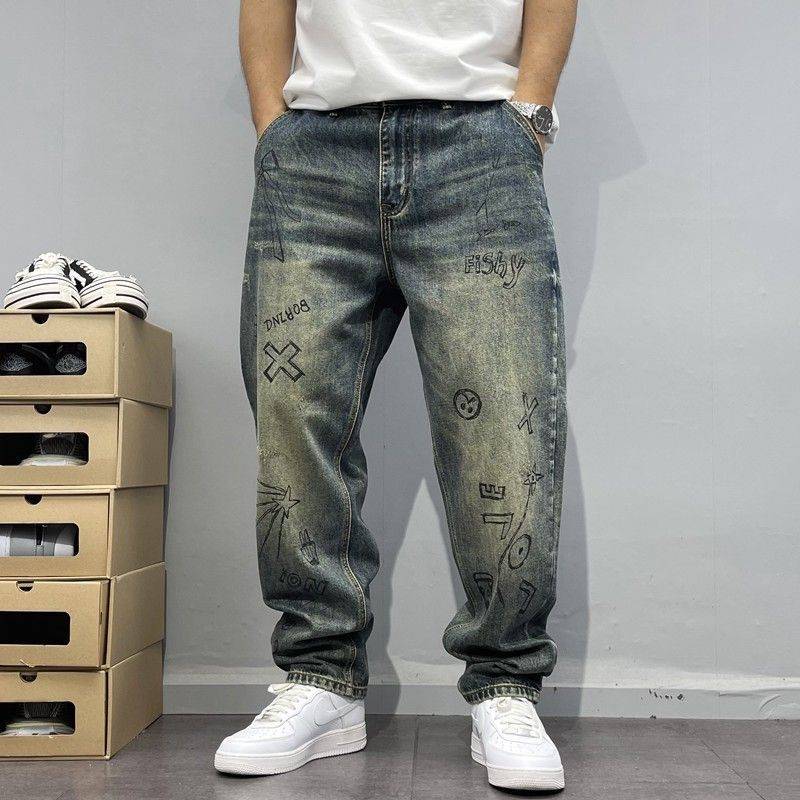 Summer Vintage Distressed Washed Printed Jeans for Men, Loose Fit, Slightly Tapered Straight-Leg Pants, High Street Fashion
