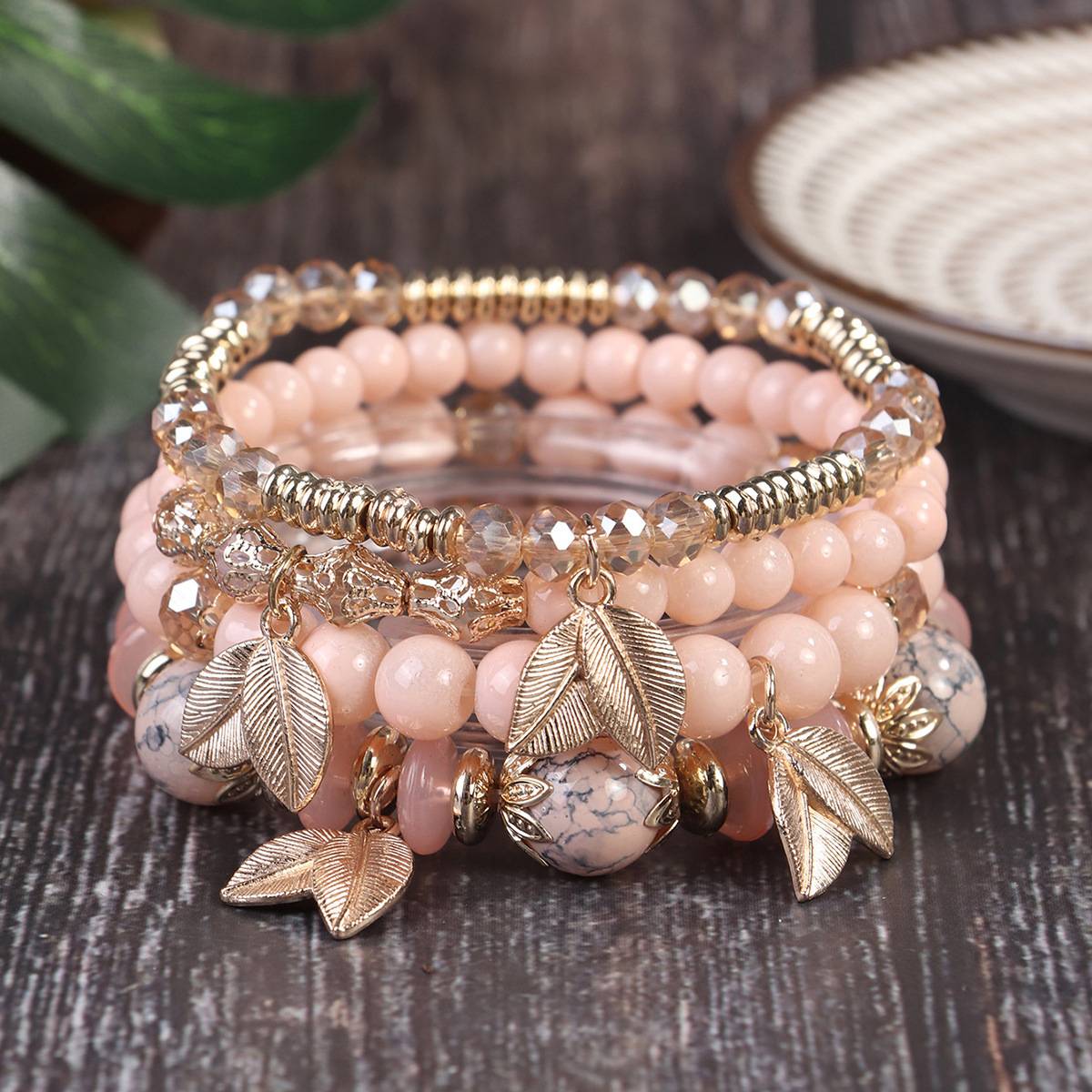Cross-Border Popular Bohemian Bracelet with Leaf Ethnic Style Pendant, Elastic String Beads, Multi-Layer, Wholesale from Manufacturer, Crystal