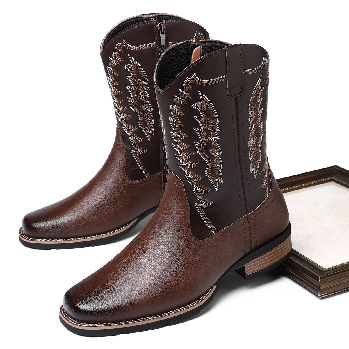 Large Size Western Cowboy Boots High-Top Embroidered Retro European and American Couple Style Trendy Motorcycle Boots Riding Boots Knight Boots