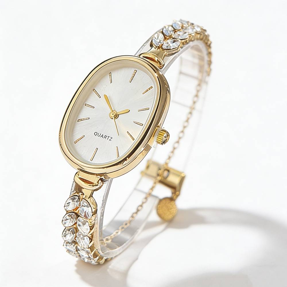 Luxurious Women's Gold Diamond-Encrusted Bracelet Watch with Oval Dial Quartz Movement, Fashionable and Elegant Women's Wristwatch Y