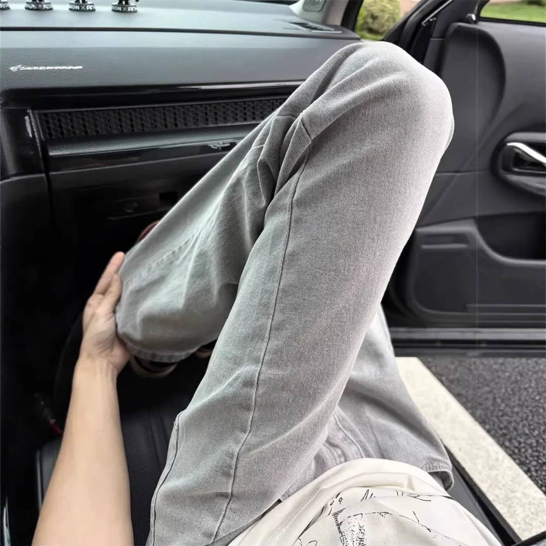 Cement Smoke Gray Jeans for Men, Trendy Brand Cleanfit Slim Fit American High Street Style Straight Loose Flared Pants
