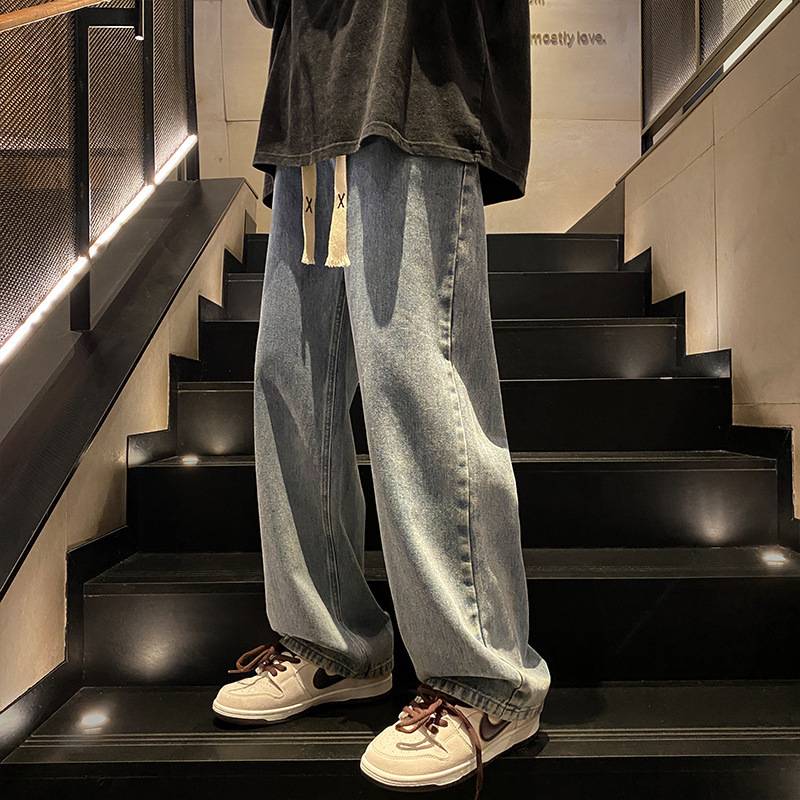 Youth Retro Solid Color Jeans Men's Spring and Autumn Straight Loose Wide Leg American Style High Street All-match Casual Long Pants
