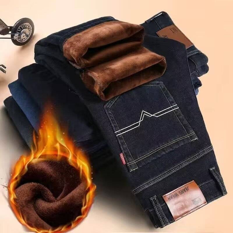 Fleece-lined thick jeans for middle-aged men autumn and winter warm cold-resistant wear-resistant anti-wrinkle high waist loose comfortable men's pants