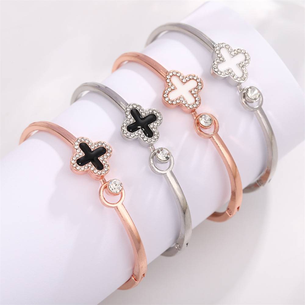 Korean Fashion Four-Leaf Clover Diamond-Studded Bracelet, Exquisite and High-End Zircon Adjustable Bracelet, Cross-Border Ins Style