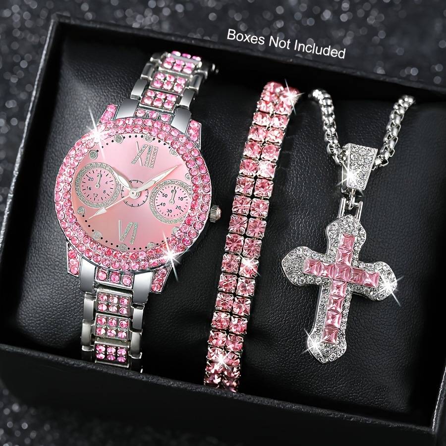Hot-Selling Fashion Silver Powder Women's Quartz Watch with Trendy Diamond-Encrusted Cross Design, Steel Band, Casual Women's Watch in Stock