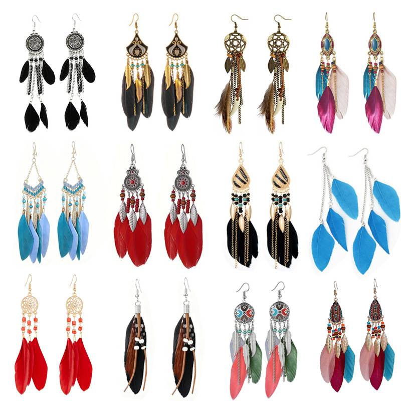 European and American Bohemian Feather Earrings, Retro Exaggerated Holiday Ethnic Style Tassel Earrings, Yunnan Travel Accessories for Women
