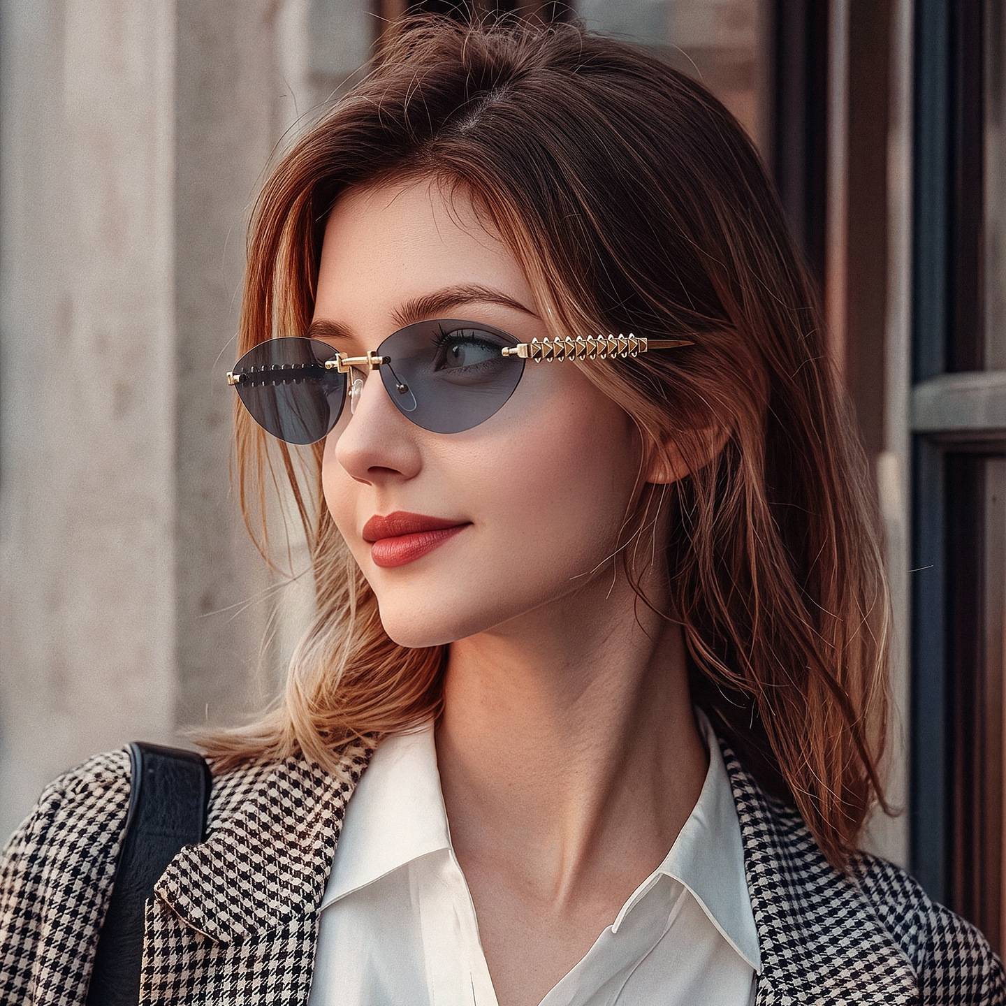 Frameless Cut-Edge Cat-Eye Metal Sunglasses for Women, Light Luxury with Thin Chain Temples, Popular for Influencer Photos, Wholesale Sun Shades