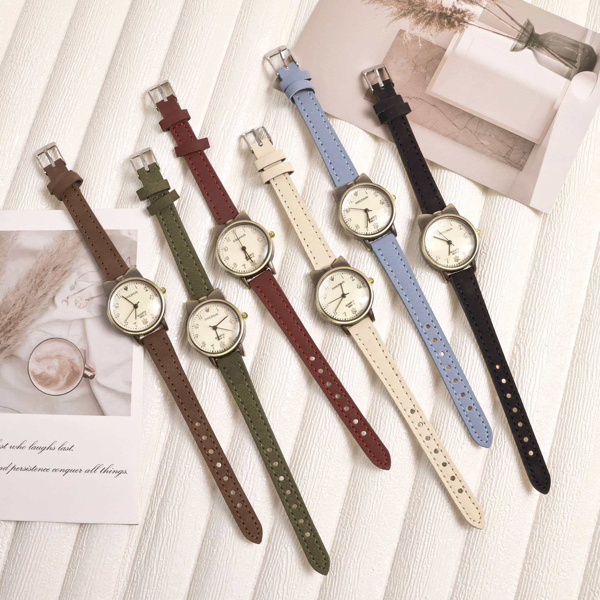 Korean Style Retro Bronze Cat Small Round Watch for Junior High School Students Niche Simple Elegant Literary Women's Quartz Watch