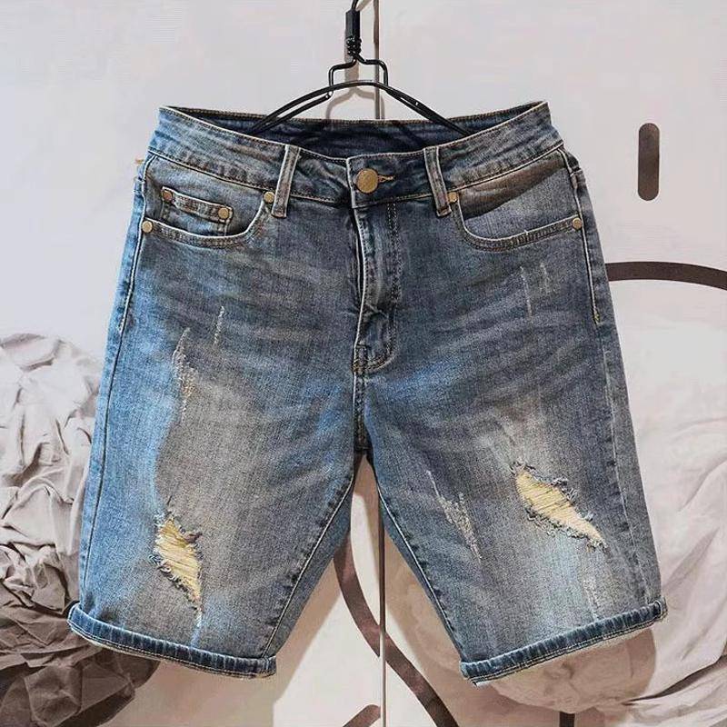 Retro distressed Denim shorts with holes men's trendy brand ins loose straight pants men's summer thin pants