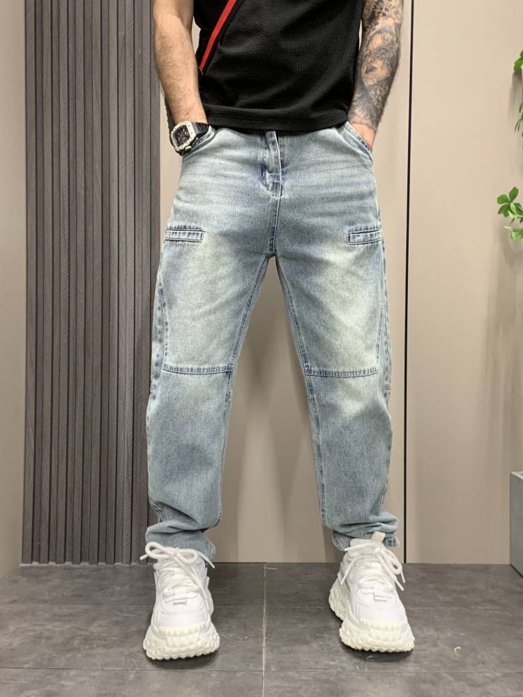 High-End Retro Nine-Point Jeans for Men with Holes, Loose Straight American Style Distressed Casual Long Pants for Men, New Summer Style