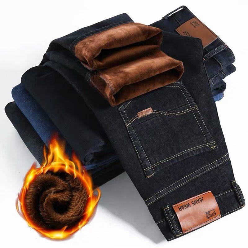 One-piece delivery wear-resistant fleece-lined jeans middle-aged and elderly dad business style fashion men's pants trousers fleece-lined plus size pants