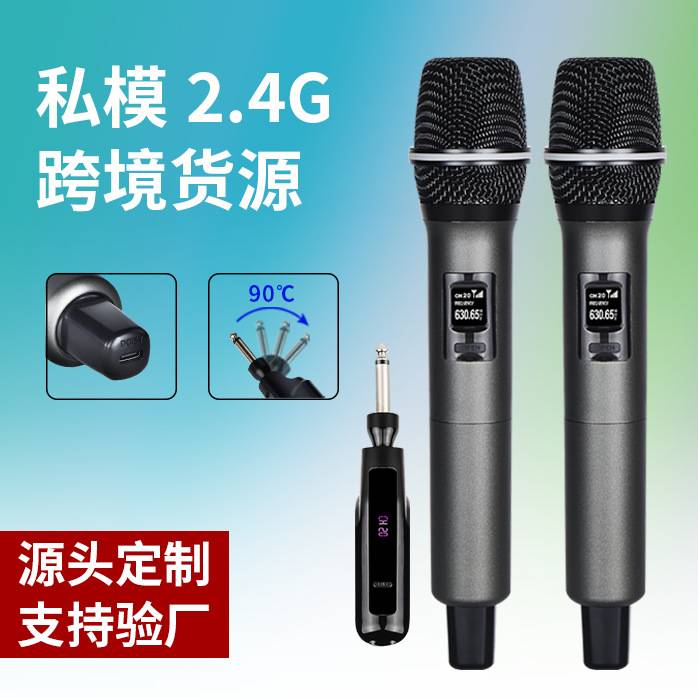 Handheld Microphone Cross-Border Dual-Channel Uhf Fm Live Broadcast Stage Home Outdoor Audio Rechargeable Wireless Microphone