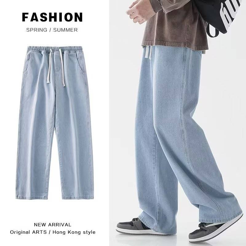 American High Street Retro Trendy Brand Straight Jeans for Men Summer Drawstring Elastic Waist Loose Casual Pants Cross-Border Foreign Trade