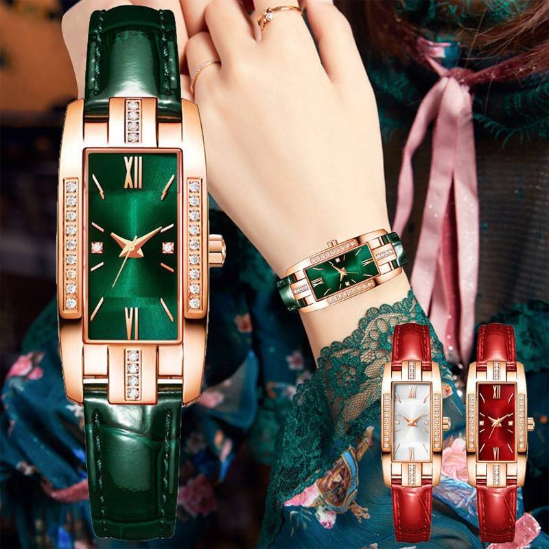 Tiktok Influencer Live Streaming Promotional Small Green Watch with Diamond-Studded Small Square Women's Watch Retro Fashion Women's Wristwatch