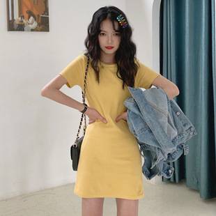 New 2026 Summer Korean Style Mid-Length Dress for Female Students, Solid Color Foreign Trade Women's Dress, One Piece in Stock