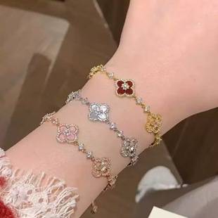 Fashionable Lucky Four-Leaf Clover Natural Mother-Of-Pearl Pull-Out Bracelet for Women, Accessible Luxury and High-End Flower Bracelet Accessories