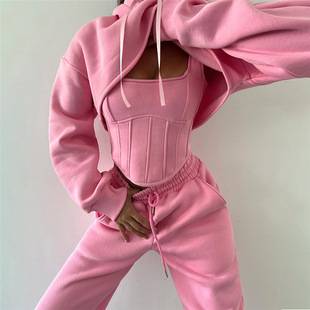 European and American Style 2025 Autumn and Winter New Women's Hooded Sweatshirt Blouse Camisole Waist Pants Three-Piece Set for Women