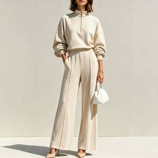 Cross-border European and American foreign trade women's two-piece set: half-zip stand-up collar sweatshirt + high-waisted wide-leg casual pants