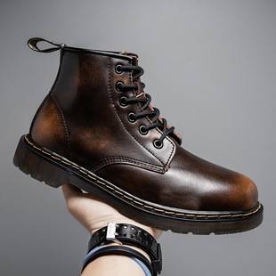 Cross-Border Large Size Boots Autumn and Winter Couples High-Top Trendy Shoes British Style Black Leather Boots Men's Mid-Top Work Boots