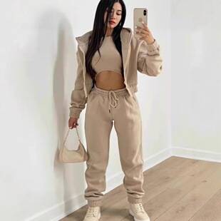 Amazon European and American Women's Clothing Three-Piece Set with Long Pants, Fleece-Lined Hooded Sweatshirt, Sporty Fashion Casual Winter Outfit Complete Set