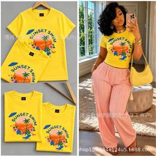BasicTops Women's Slim-Fit Summer European and American Cross-Border Ribbed Cotton T-Shirt with Yellow Cartoon Print Basic Top T-Shirt