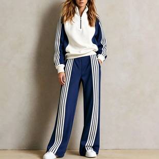 European and American style striped casual sportswear set for women, new spring/autumn collection, featuring a zip-up hoodie with a stand-up collar and matching long sports pants, a two-piece set