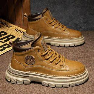 Martin Boots for Men, High-Top, Spring Season, British Style, Retro Genuine Leather, Men's Casual Leather Shoes, Mid-Top, Height-Increasing, Waterproof Work Boots