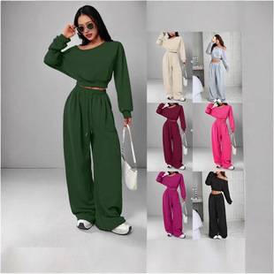 [in Stock] 2025 New Hot-Selling European and American Casual Set Solid Color Sweatshirt for Women Off-Shoulder Loose Knit Top