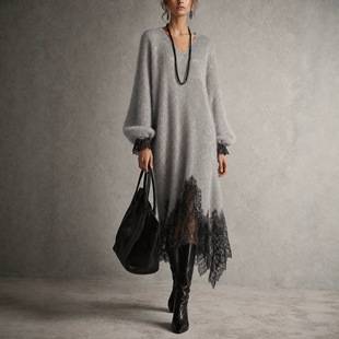 2026 European and American cross-border Amazon independent site elegant casual lantern sleeve knitted lace patchwork dress bestseller