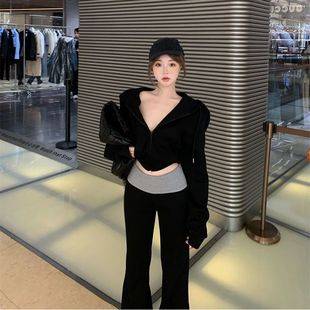 Simple Sports Suit for Women in Autumn and Winter Korean Style Fashionable Slimming Versatile Hooded Sweatshirt and Bootcut Trousers Two-Piece Set for Women