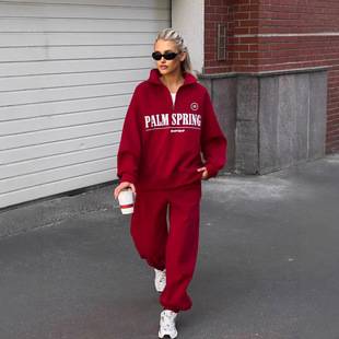 Cross-Border Fashion Hot-Selling Zipper Long-Sleeved Sweatshirt for Women Autumn New Loose Casual Letter Print Design Two-Piece Set