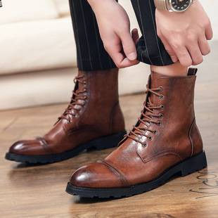 Cross-Border British Trendy Men's Casual High-Top Leather Shoes Brogue Boots Hairstylist Pointed Toe Business Short Boots