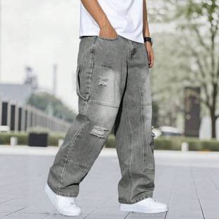 Amazon Summer Men's Fashionable Vintage Washed Ripped Jeans with Patchwork Design, Versatile Casual Pants in Stock
