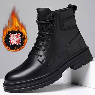 First-Layer Cowhide British Style Boots Men's Thick-Soled Side Zipper Boots Popular High-Top Plus Velvet Men's Boots Cross-Border Men's Shoes