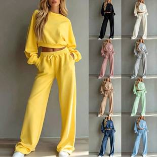 2026 New European and American Style Autumn/Winter Casual Minimalist Short Round-Neck Long-Sleeve Sweatshirt and Wide-Leg Pants Set for Women
