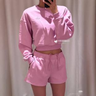 A26 Spring and Summer New Style Pure Cotton Terry Short Crop Top Round Neck Long-Sleeved Sweatshirt + Drawstring Shorts Set for Women