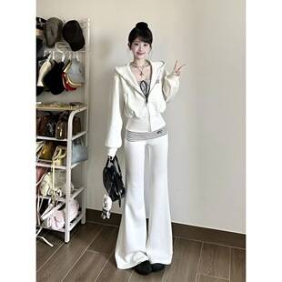 In-Stock Early Autumn Pure Desire Style Spicy Girl Three-Piece Set: Hooded Sweatshirt, Slim-Fit Striped Tube Top, High-Waisted Flared Pants Women's Clothing