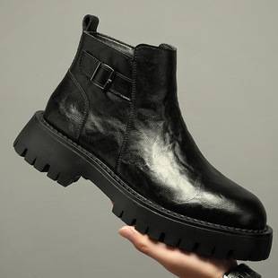 Chelsea Boots Men's Autumn Sleeve Leather Boots Heightened British Style High-top Casual Leather Shoes Short Barrel Martin Boots