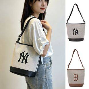 Korean MLB bucket bag, featuring classic NY embroidery, a versatile crossbody or shoulder bag, perfect for commuting, fashionable, lightweight, and with a large capacity