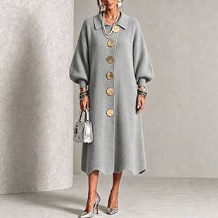 2026 European and American cross-border knitted dress with metal buttons, new autumn/winter collection, solid color, casual, fashionable, and versatile