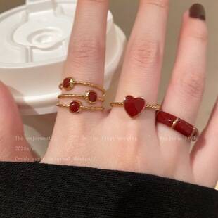Ankora Red Heart-Shaped Enamel Ring for Women, New Light Luxury Retro Index Finger Ring, Fashionable and Stylish Personality Ring